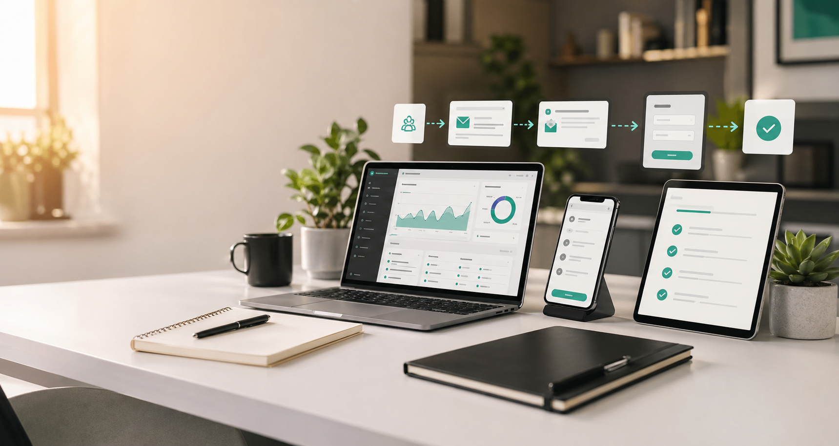 Online business workspace showing a website, email follow-up, signup flow, and onboarding checklist